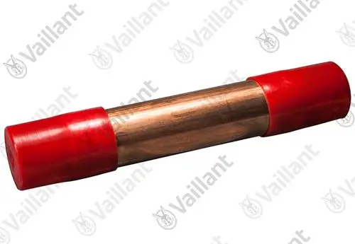 Vaillant Filter mit roten Endkappen, zylindrischer Form und einem metallischen Mittelteil. Verwendung zur Filterung in Heizsystemen.
